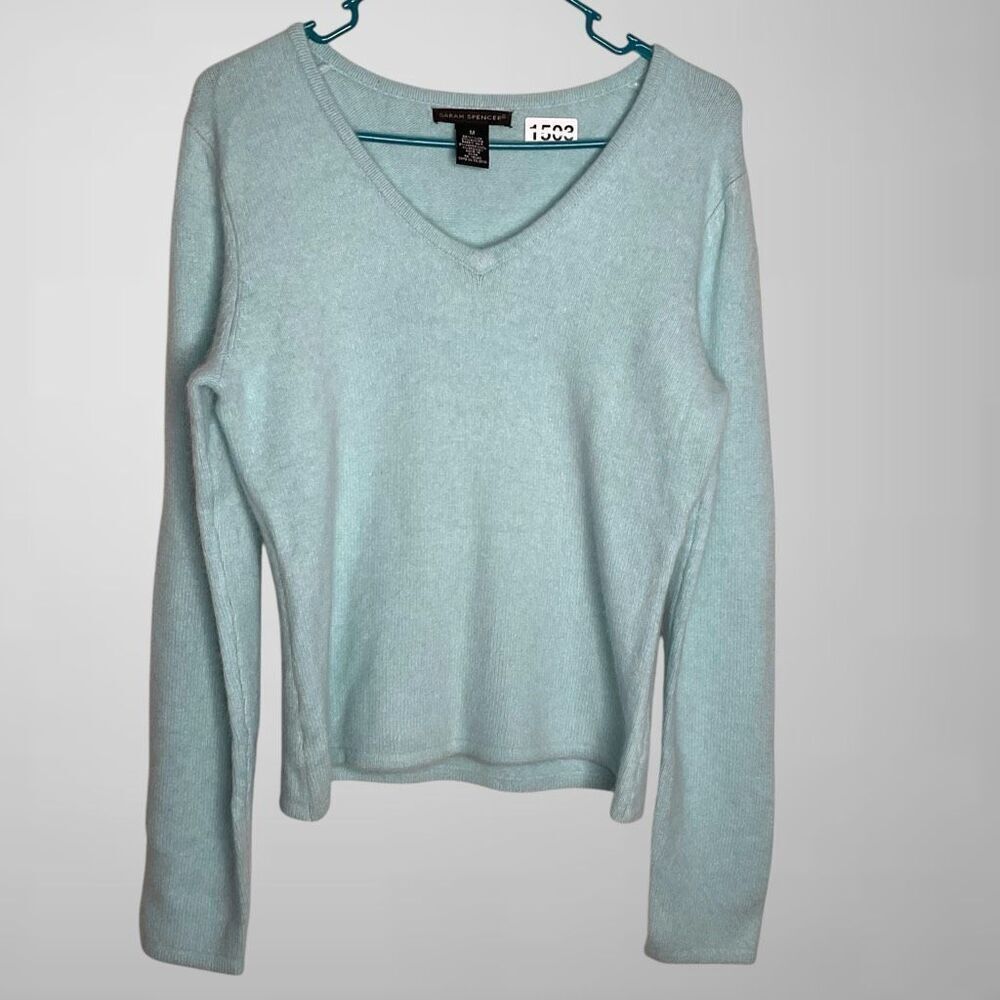 Sarah Spencer Sweater Womens Medium Blue V-Neck Soft Angora Wool Preppy Office